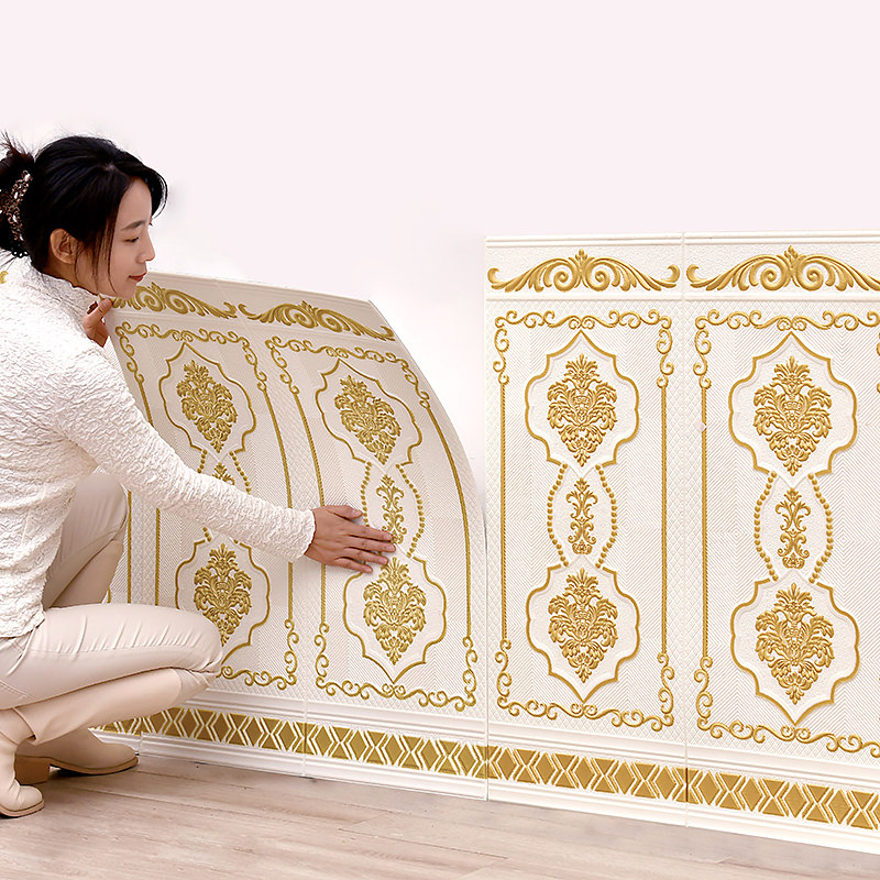 European-style self-adhesive wallpaper foam 3D wall stickers anti-collision soft bag anti-collision wall stickers wood grain wall skirt siding decorative stickers bedroom