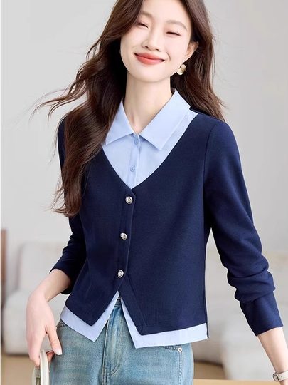 Gefälschte zweiteilige kontrastfarbene Langarmhemden im College-Stil für Damen. Frühlingsneues Design mit schmalen Polokragenhemden für Damen