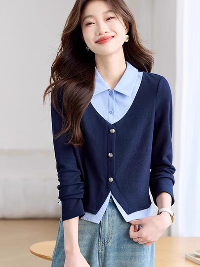 Gefälschte zweiteilige kontrastfarbene Langarmhemden im College-Stil für Damen. Frühlingsneues Design mit schmalen Polokragenhemden für Damen