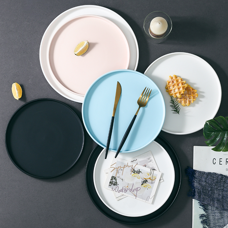 Matte western food flat plate disc steak pasta pizza plate creative ceramic afternoon tea snack plate dessert salad plate