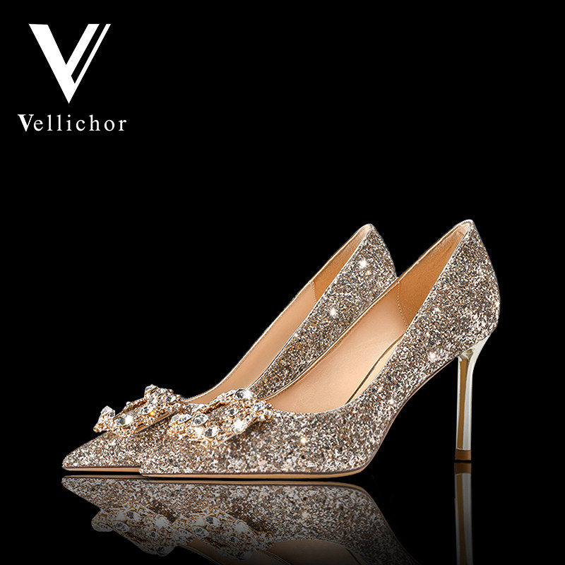 Wedding Shoes 2021 New Bridesmaid Bridal Bridal Dress Crystal Shoes Fine Heel Buttoned Water Drill Champagne High Heel Show and Shoe