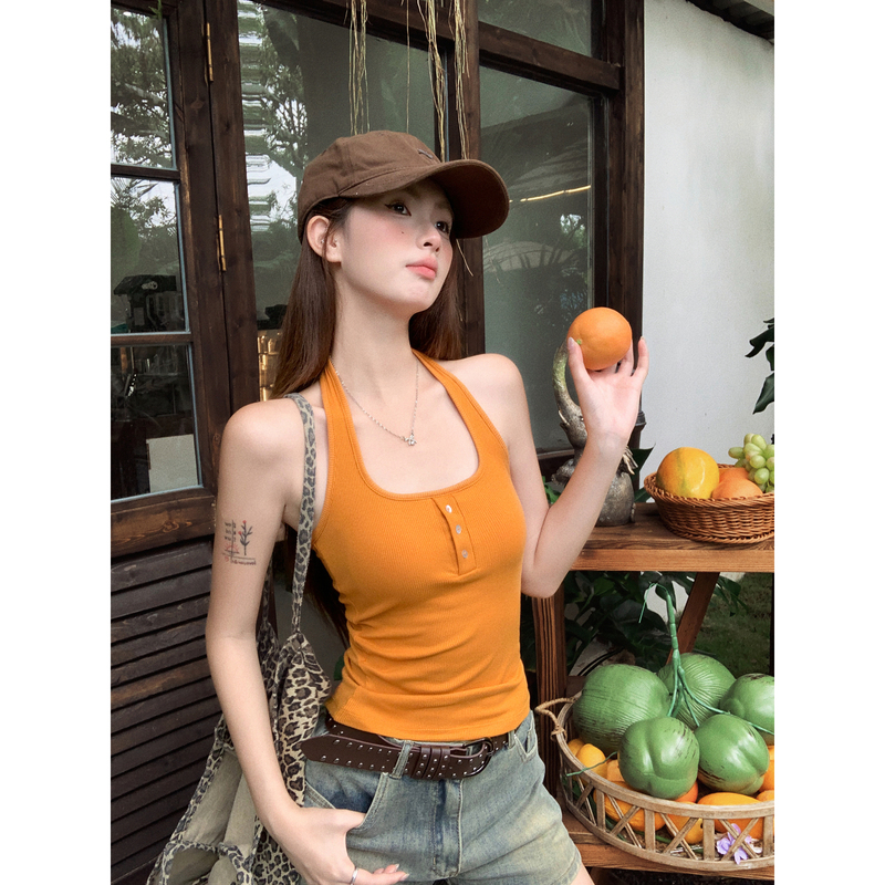 Jiang Shiyi Orange Halter Neck Camisole Top for Women with Chest Pads, Buttoned Orange Sleeveless Undershirt for Layering or Wearing Alone Jiang Shiyi Orange Halter Neck Camisole Top for Women with Chest Pads, Buttoned Orange Sleeveless Undershirt for Layering or Wearing Alone