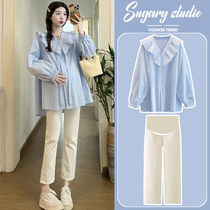 Pregnant women spring tops V-neck long-sleeved babydoll shirt suit 2024 new style sweet loose shirt for small people