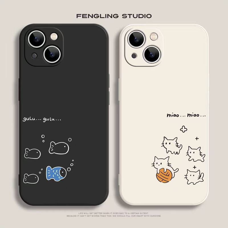 Cute Little Fish and Cat Phone Case for Samsung S26 Ultra, S25 Edge, Simple S24/23+, Adorable S22/21 Cartoon, A37, A17, A16, A24, A15 Couple Style, A56, A55, A54, A34
