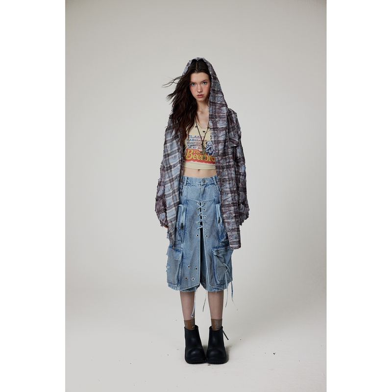 Bak Original Design Loose-Fitting Cargo Skirt Denim Light Blue Versatile Fake Two-Piece Skirt Fashionable Casual Women's Wear