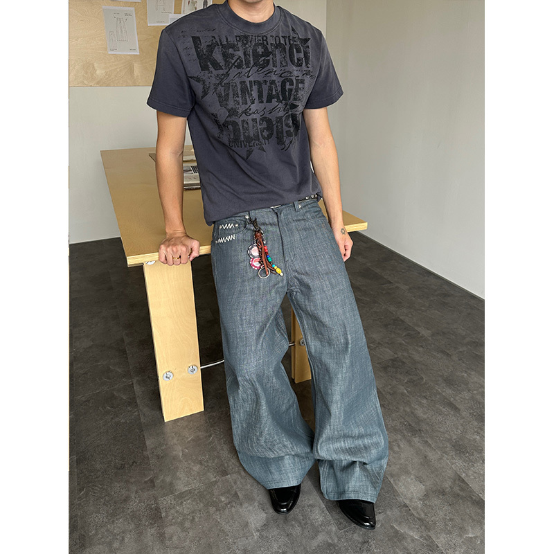 Dp Ahoilcc Lake Green Hand-Stitched 13-Ounce Raw Denim Loose Straight-Leg Light Green Stiff Jeans Dp Ahoilcc Lake Green Hand-Stitched 13-Ounce Raw Denim Loose Straight-Leg Light Green Stiff Jeans