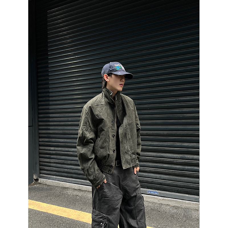 Dp Ahoilcc Retro Distressed Workwear Jacket for Men and Women, Street Style, Cool and Loose, Commuter Stand-Up Collar Jacket for Autumn