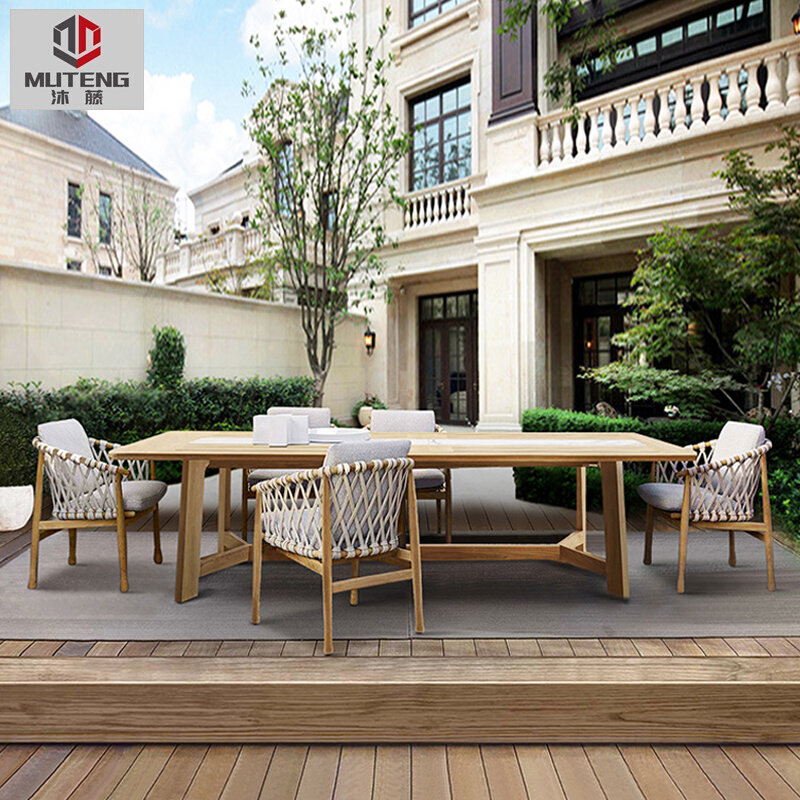 Nordic outdoor table and chair waterproof sunscreen rattan chair outdoor open air yangtai leisure garden garden home solid wood long table