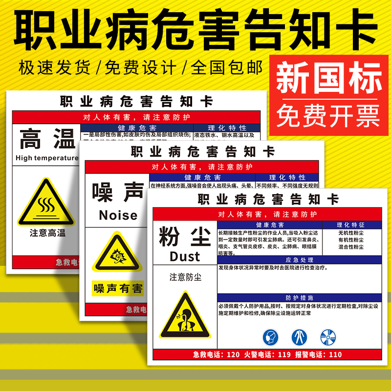 Occupational Disease Hazard Informed card Dust Noise High Temperature Health Bulletin Board Warning Signs Safety Hazard Chemicals Well-known Card Noise Paint Hydrochloric Acid Limited Space Tips