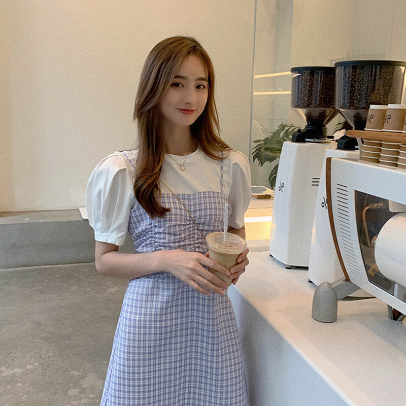French first love Bellflower temperament goddess Fan plaid dress female spring and summer sweet T-shirt suspender skirt two-piece set