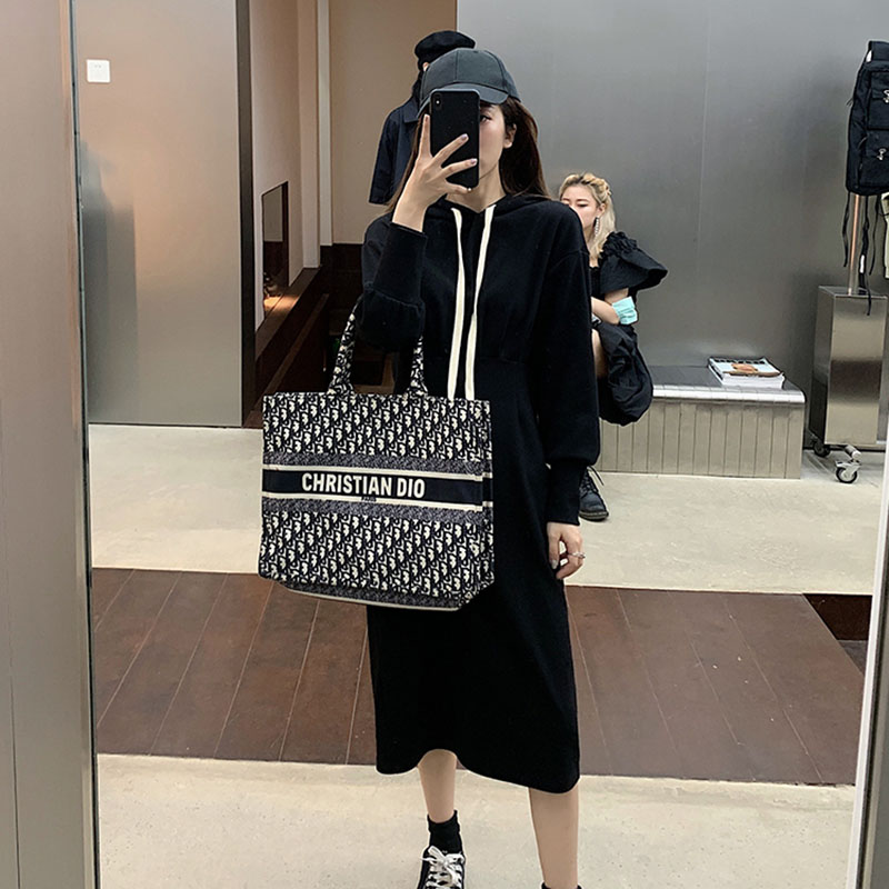 Spring and Autumn Hooded Sweatshirts Dress Women's Mid-Length Edition Waist Thin Casual Versatile Temperament Long Sleeve Skirts Trendy ins