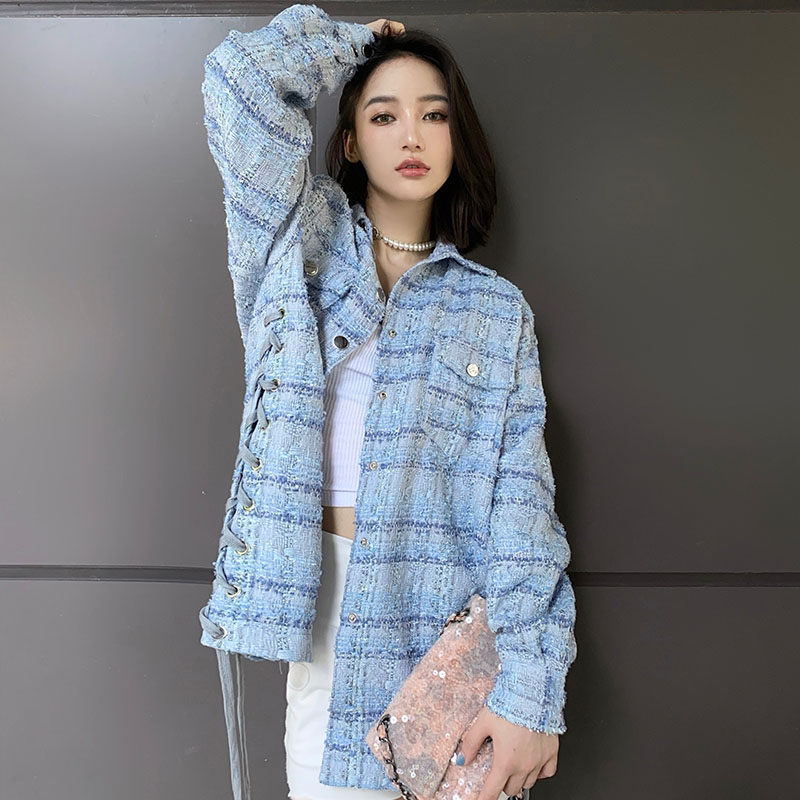 Autumn and winter mid-length tweed and cotton plaid coat women's Western style all-match small fragrance style Korean version loose lace-up top