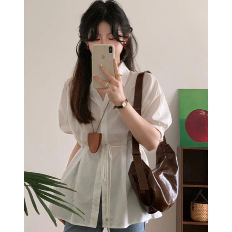 Elegant and Sophisticated White Half-Sleeve Shirt for Women, Summer Design with Tie-Up Cardigan, Casual and Versatile, Mid-Length Waist-Cinching Top