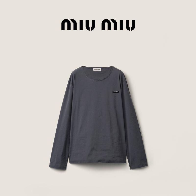 Miu Miu Women's Stretch Poplin Textured Round-Neck Long-Sleeve Top