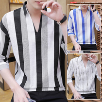 Seven-Cut Sleeve Shirt mens 2020 Summer stripes casual mid-sleeve shirt trend youth loose short sleeve shirt thin