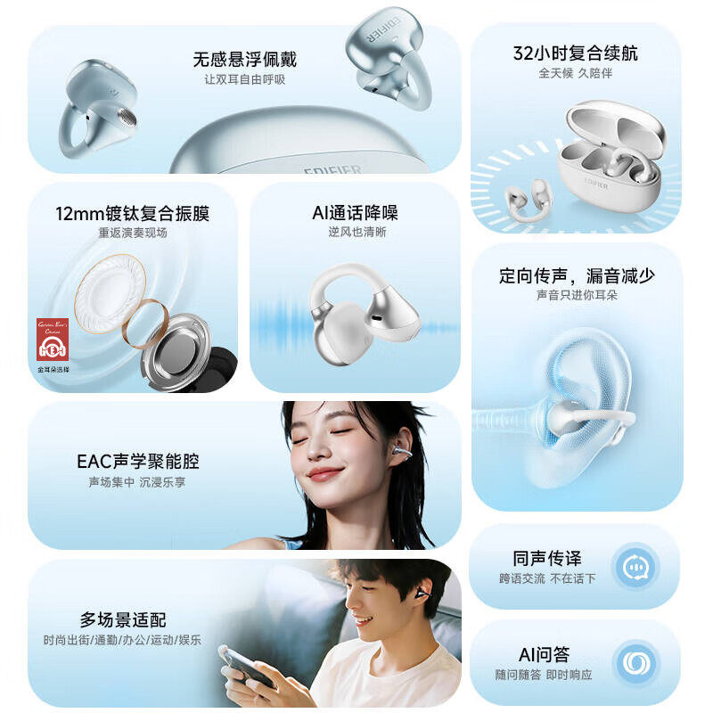 Edifier Ai Ear Clip Bluetooth Headphones Wireless High-Quality Sound Long Battery Life Large Power Sports 2025 New Model
