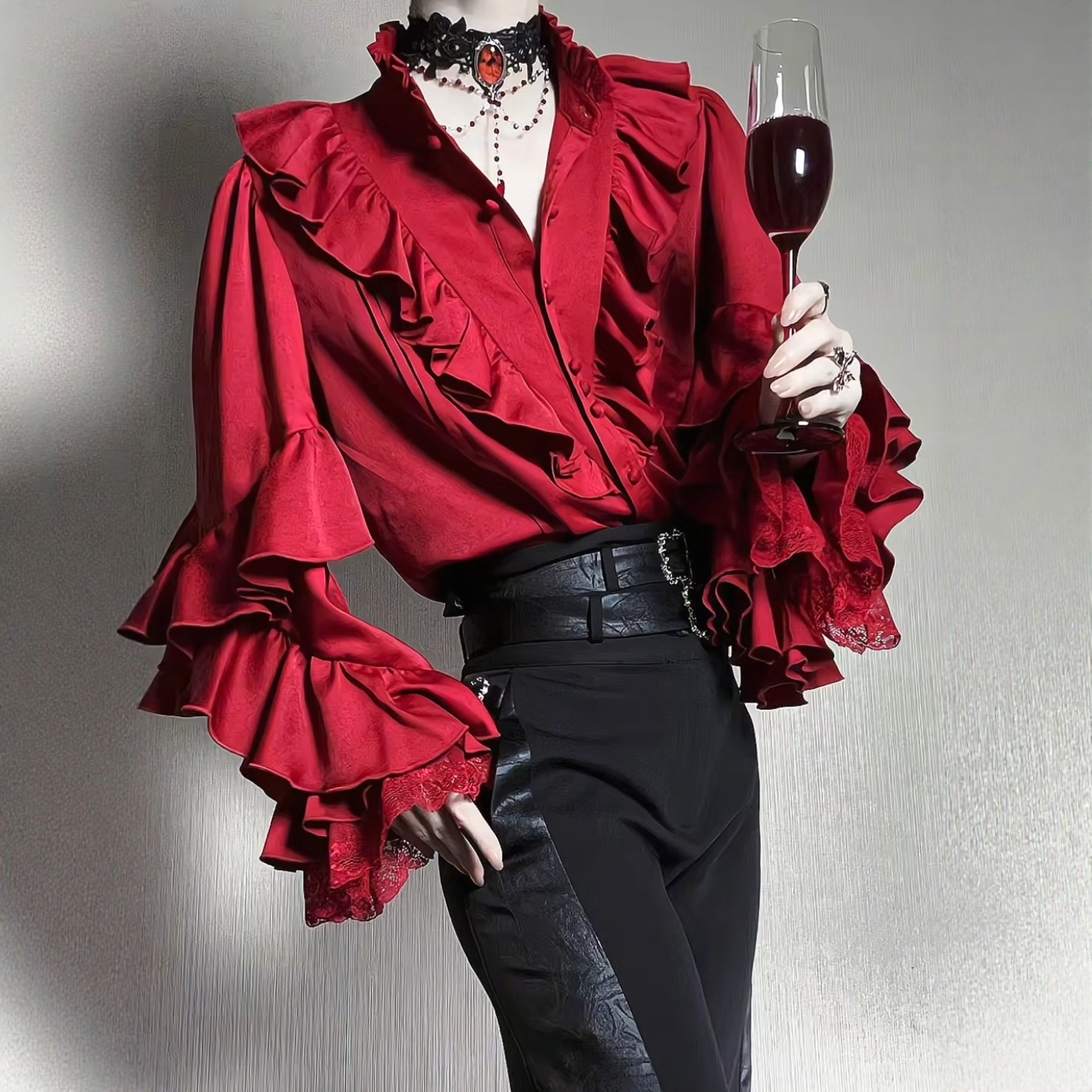 Lolita prince style long-sleeved shirt, gothic style, with a red batwing top underneath, retro medieval base layer.