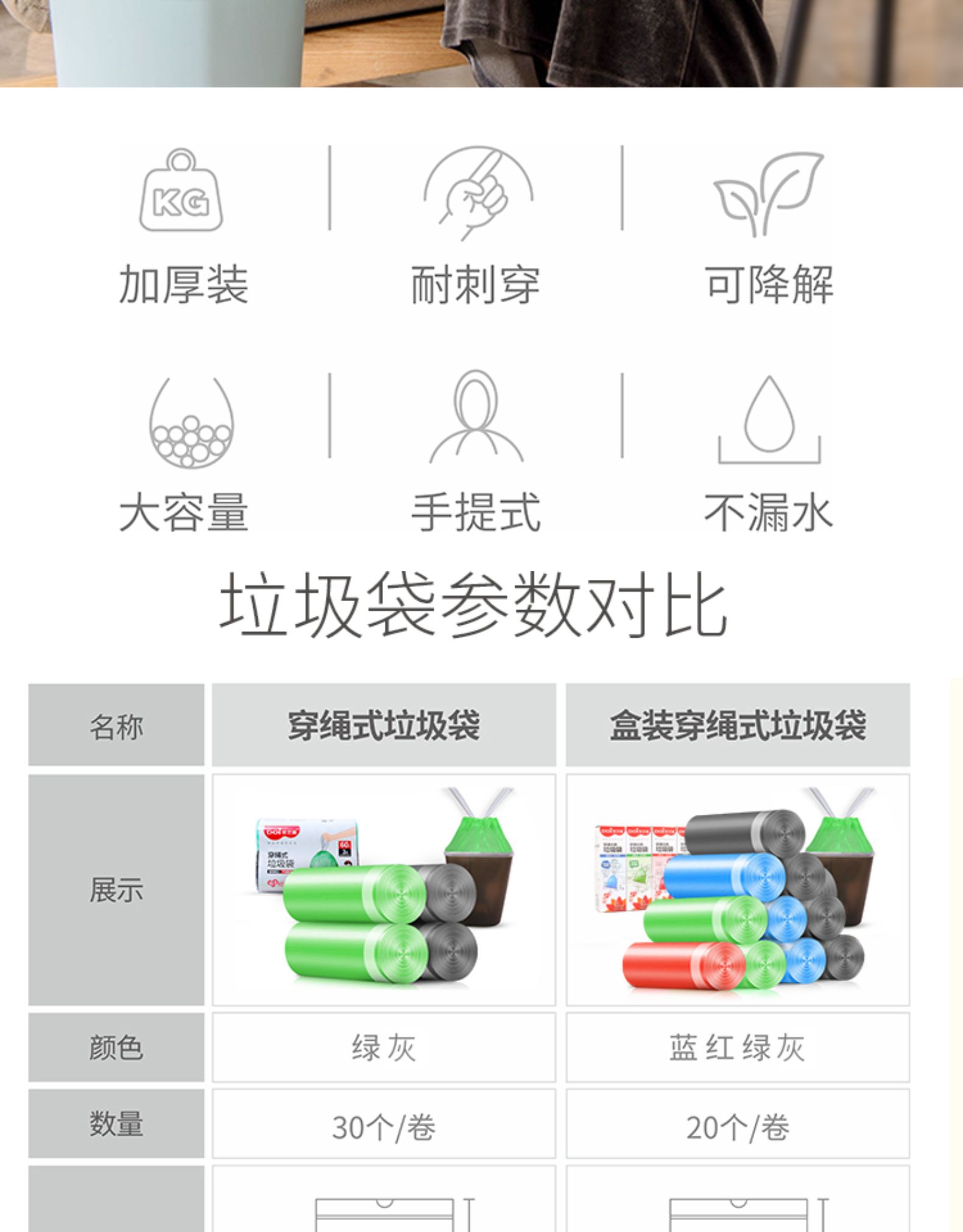 DOI/袋芝莲 加厚款抽绳垃圾袋2卷60只 图3