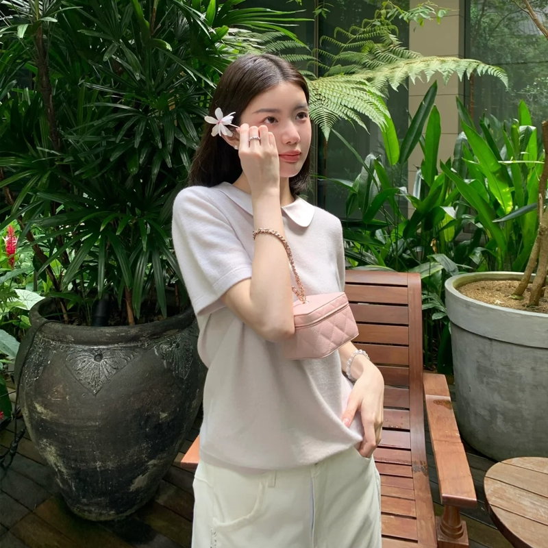 Lavelours【Aiko Recommendation】New High-End Cashmere Wool Blend Sweater with Silk Patchwork Collar and Short Sleeves Lavelours【Aiko Recommendation】New High-End Cashmere Wool Blend Sweater with Silk Patchwork Collar and Short Sleeves