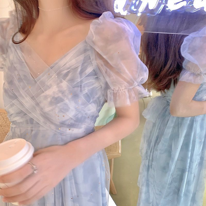 Escape princess dress Fairy blue smudged mesh dress Bubble sleeves Cross-strap First love gentle wind dress