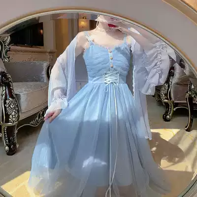 Star blue sparkling butterfly mesh lace high waist slim suspender dress women