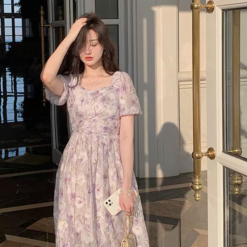 Ultra gentle fragrantresses 2022 Summer New Bubbles Sleeves Fairy dress High waist cross collar Long dress for waist display slim fit