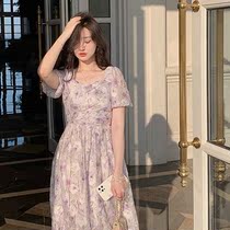 Ultra gentle crumbled with dress 2022 Summer New Bubble sleeves Andromeda woman dress High waist cross collar Long dress with slim waist