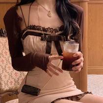 Sweet and spicy wind satin hanging neck style display slim waist repairing bag arm skirt butterfly knot harness sexy lace lace side dress