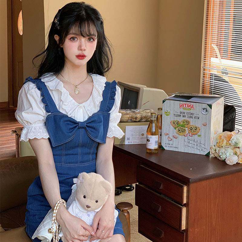 Salt-able sweet girl pure color hollowed-out strap pure color blouse design butterfly knot cowboy dress with two sets