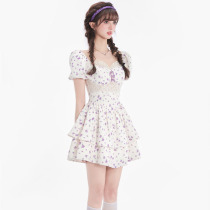 Pure Desire Style Temperament Square Collar Bubble Sleeves Dress Dress Woman small crowdstitch lace lace printed short dresses