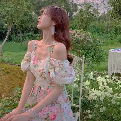 Fairy dress Super fairy quality Sweet first love gentle wind French retro rose floral suspender skirt