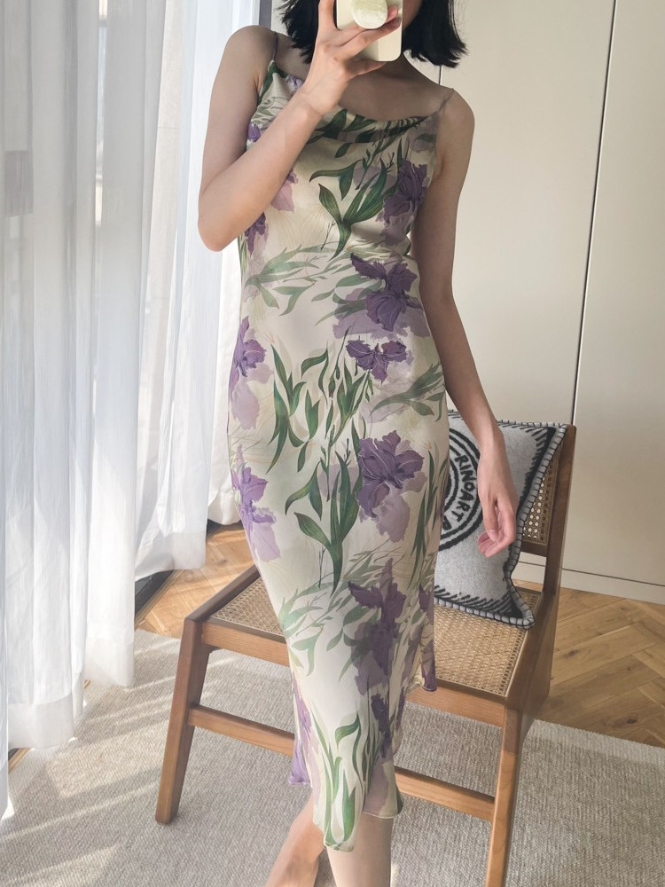 Heavy Weights True Silk Harnesses Foreign Dress Women 2022 Summer New printed Thin Kite Tail Flower Oil Painting Skirt