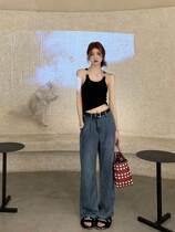 Fried Street washed with light color High waist loose Sky Jeans Womens Summer Little Subdisplay Tall Drag Pants