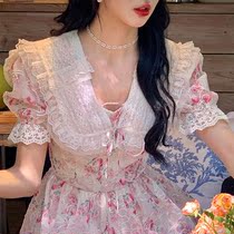 Romantic fairy wind lace floral lace floral lace with dress feminine sweet and small crowdfolded strap to collect waist and turn the printed skirt