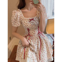 Small fresh floral dress Summer French super fairy forest bubble sleeve bow tie Lace ruffle dress