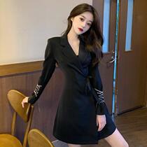 Spring and autumn new design senses water drill strap long sleeve suit with clothes to collect waist A character with a long section of children