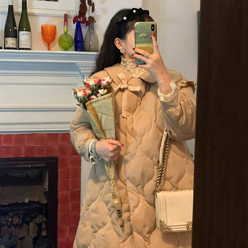 Cute Butterfly Knot Thickened Cotton Suit Jacket Winter Dress Doll Collar Loose Medium Long Version Warm Cotton Padded Jacket Student Female