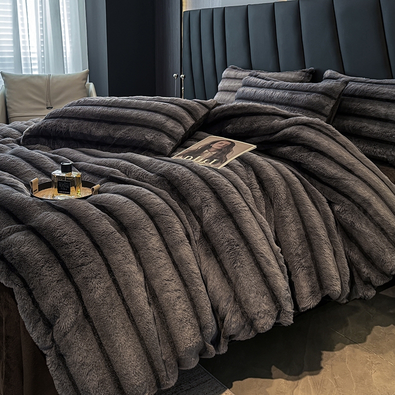 Class a Maternal and Infant-Grade Light Luxury High-End Rabbit Fur Plush Milk Velvet Four-Piece Set Black Striped Winter Warm Duvet Cover Set 4 Class a Maternal and Infant-Grade Light Luxury High-End Rabbit Fur Plush Milk Velvet Four-Piece Set Black Striped Winter Warm Duvet Cover Set 4