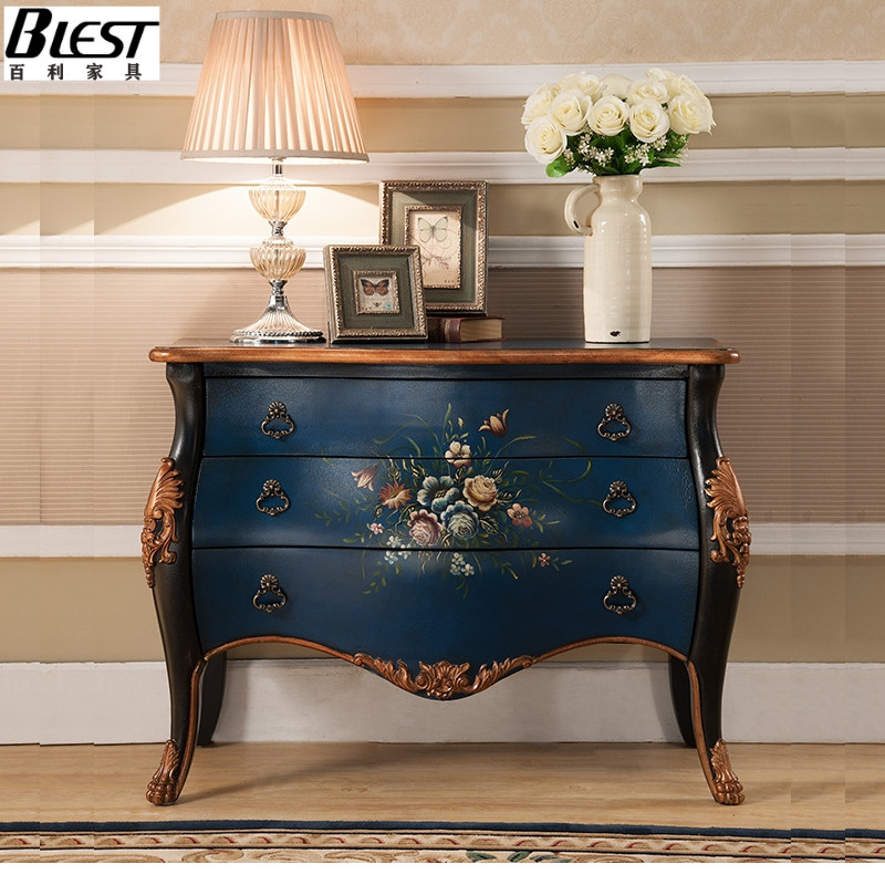 American solid wood painted three-drawer cabinet living room decoration porch cabinet foyer carved partition locker corridor side cabinet