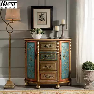 American solid wood porch cabinet retro semi-circular bucket small apartment multi-function porch painting old storage cabinet