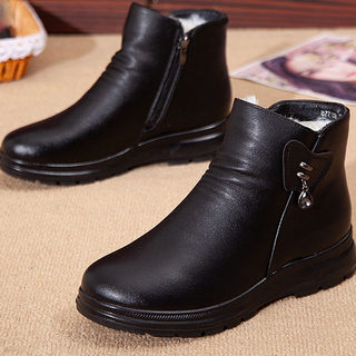 Elderly Genuine Leather Wool Middle-Aged and Elderly Women's Cotton Shoes Winter Warm Fleece-Lined Thickened Non-Slip Flat Short Boots