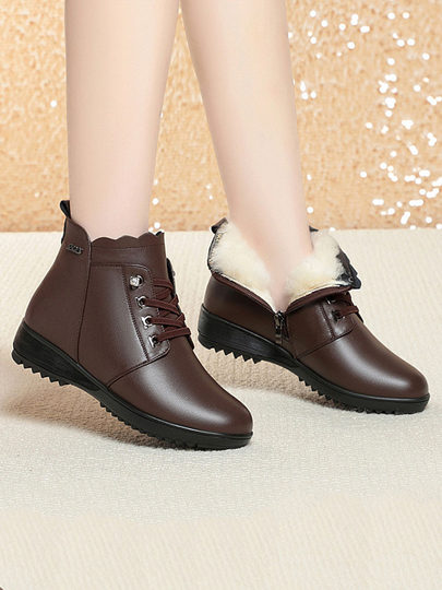 Soft Leather Women's Short Boots for Autumn and Winter, Fleece-Lined and Thickened with Wool, Comfortable Cotton Shoes for Middle-Aged and Elderly, Flat Soft-Soled Single Shoes, Mom Shoes