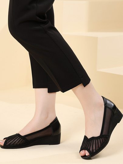 Fish Mouth Sandals for Women, Summer Mesh Mom Shoes, Breathable Genuine Leather Soft Sole Wedge Heels, Fashionable Women's Shoes, Comfortable and Breathable for the Elderly