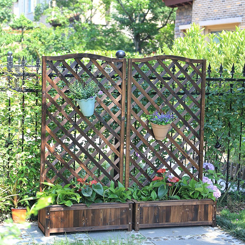With flower box anti-corrosion wood flower stand outdoor climbing rattan frame solid wood mesh grille balcony partition flower trough carbonization box direct sales