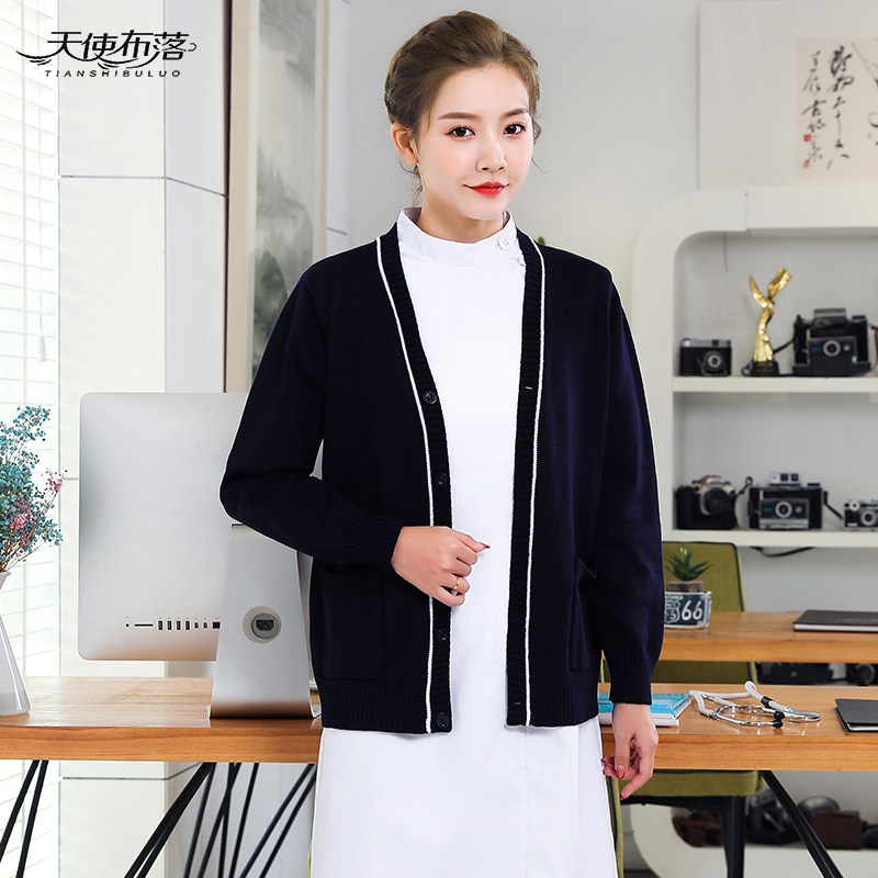 Nurse sweater women's knitted jacket cardigan navy blue plus velvet thickening hospital night shift wear outside the autumn and winter to keep warm