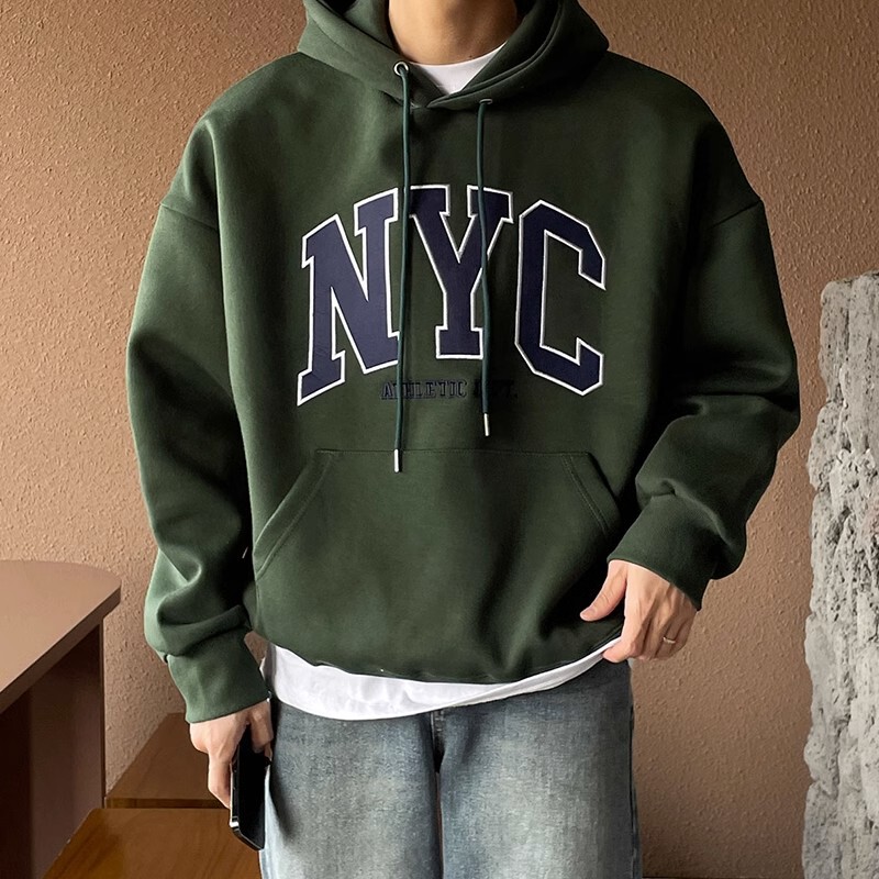 Dark Green Hooded Sweatshirt for Men, Autumn and Winter American Hip-Hop Hoodie with Letter Print, Heavyweight Loose Jacket, Trendy
