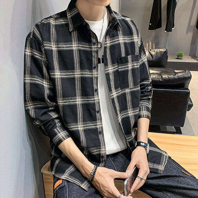 Spring and summer thin section Plaid shirt men's striped long sleeve shirt male students loose large size to wear a fur coat port craze