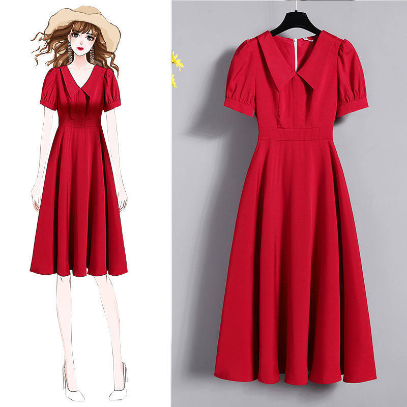 Plus size women's doll collar red dress women 2021 summer new fat sister slimming French dress women
