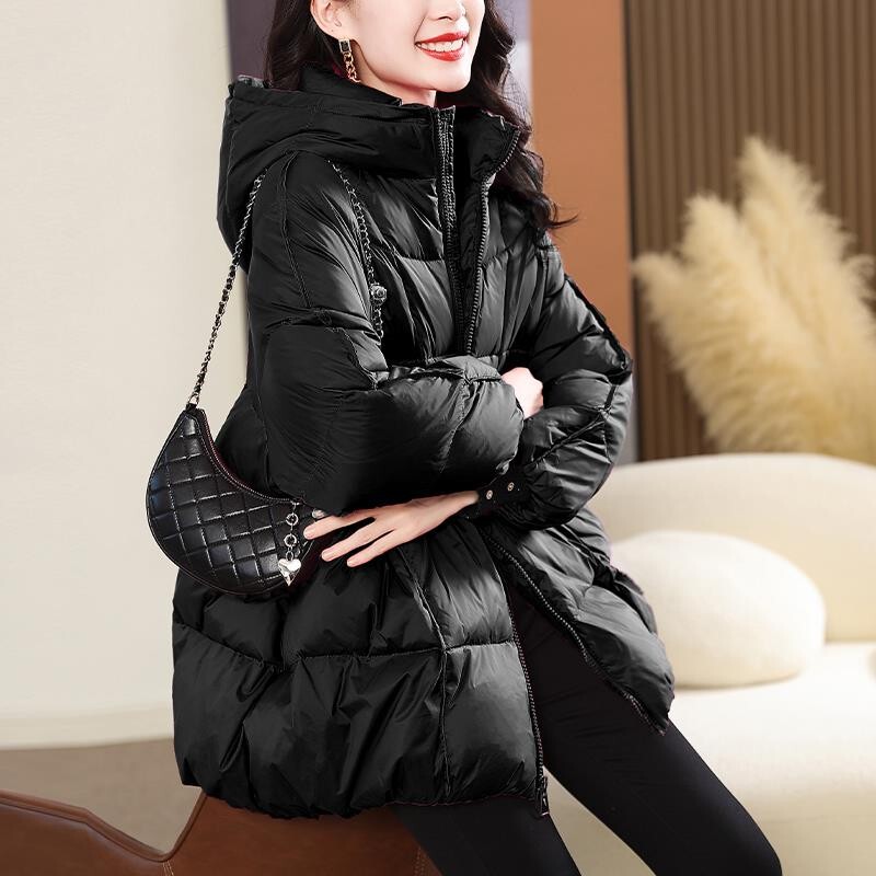 Purple down Jacket for Women, Winter 2025 New High-End Luxury Loose Slimming Mid-Length Hooded Puffer Coat