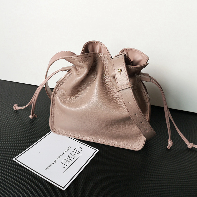 Gusennu Drawstring Bucket Bag Leather Women's Bag Soft Leather One Shoulder Small Bag Pure Cowhide Korean Version Solid Color Versatile Messenger Bag